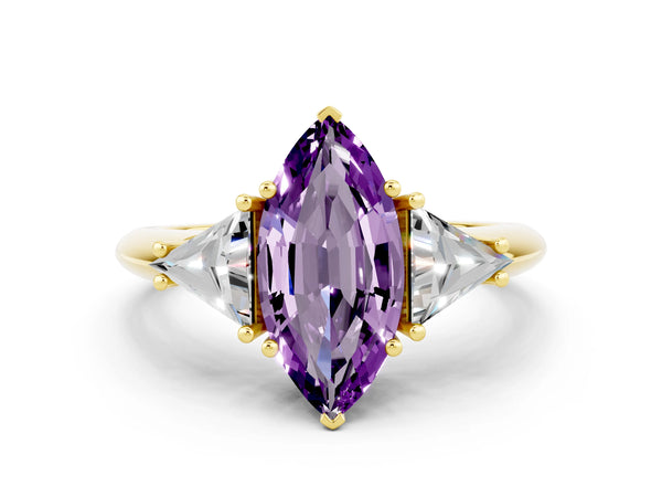Yellow gold Three-Stone Marquise Cut Amethyst Engagement Ring with Trillion Side Stones and Prong Setting