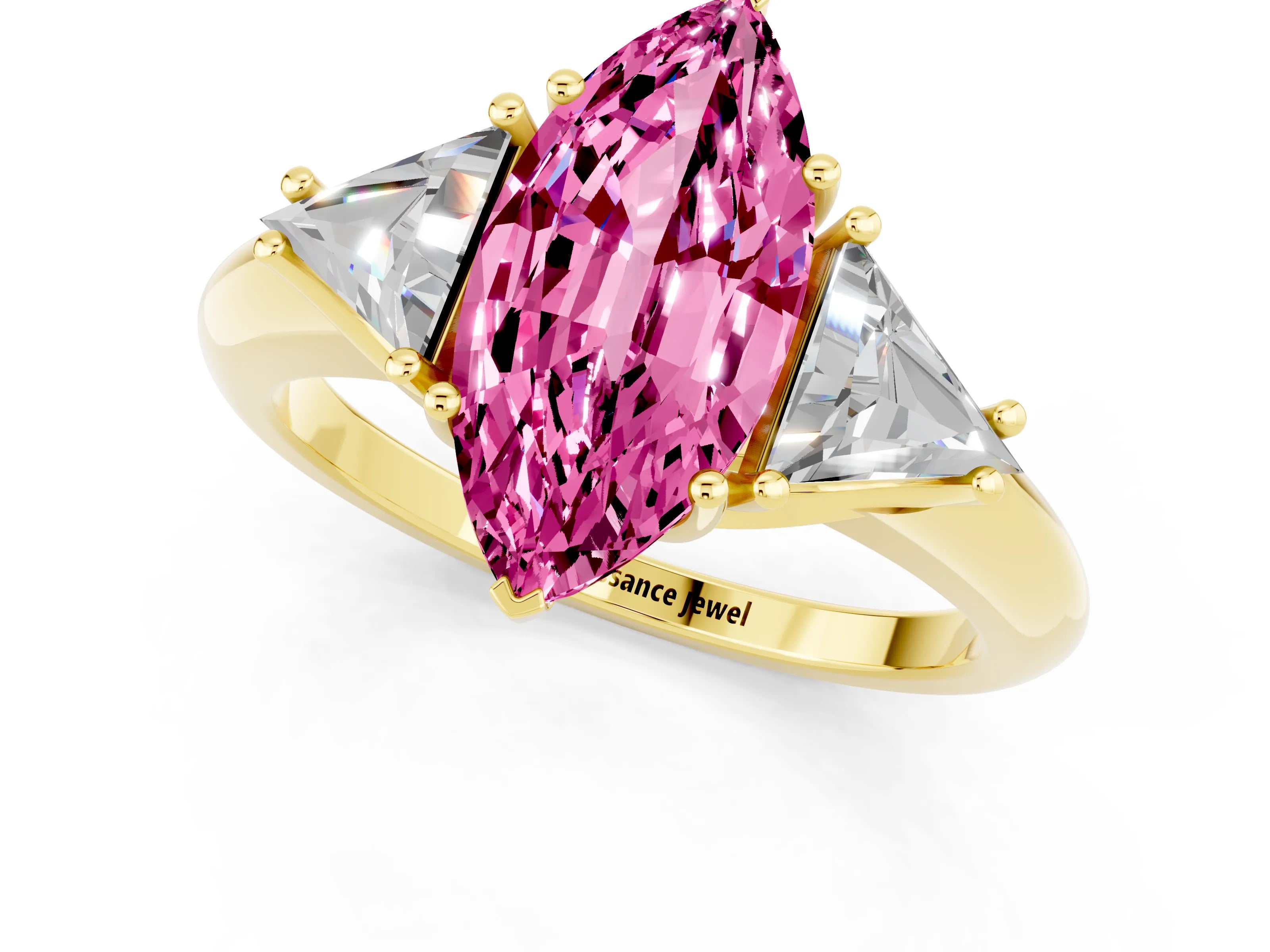 Yellow gold Three-Stone Marquise Cut Cut Diamond Ring with Trillion Side Stones and Four-Prong Setting_1