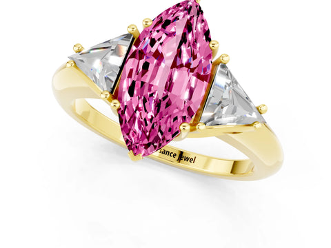 Yellow gold Three-Stone Marquise Cut Cut Diamond Ring with Trillion Side Stones and Four-Prong Setting_1