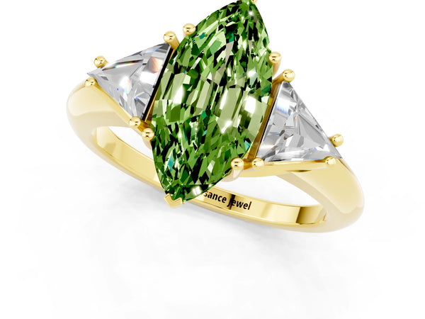 Yellow gold Three-Stone Marquise Cut Cut Diamond Ring with Trillion Side Stones and Four-Prong Setting