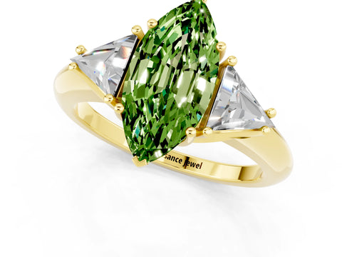 Yellow gold Three-Stone Marquise Cut Cut Diamond Ring with Trillion Side Stones and Four-Prong Setting_1