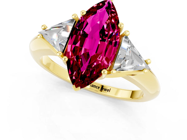 Yellow gold Three-Stone Marquise Cut Garnet Engagement Ring with Trillion Side Stones and Prong Setting