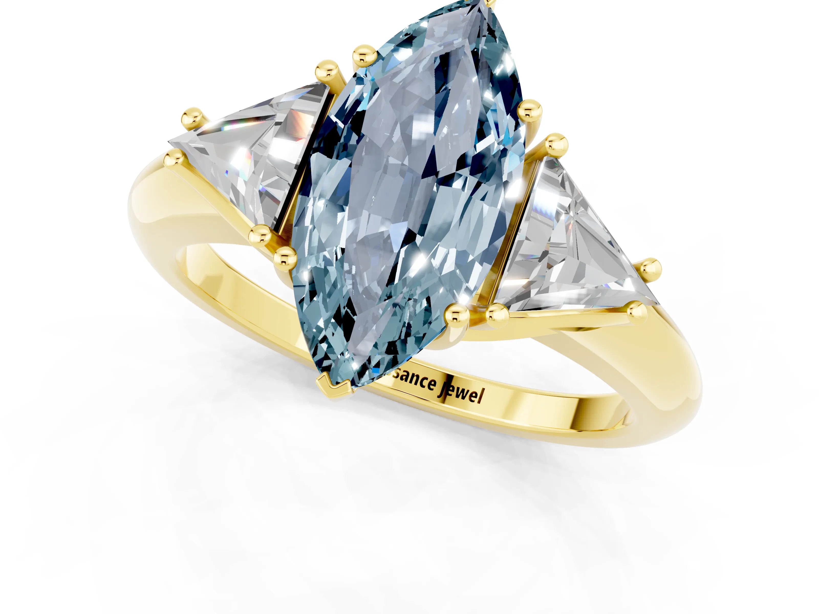 Yellow gold Three-Stone Marquise Cut Cut Diamond Ring with Trillion Side Stones and Four-Prong Setting_1