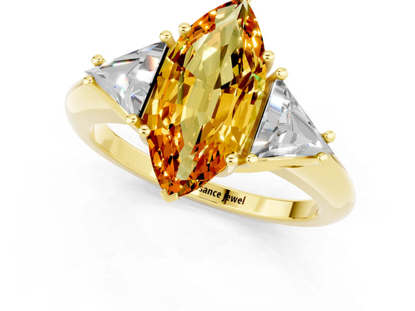 Yellow gold Three-Stone Marquise Cut Citrine Engagement Ring with Trillion Side Stones and Prong Setting