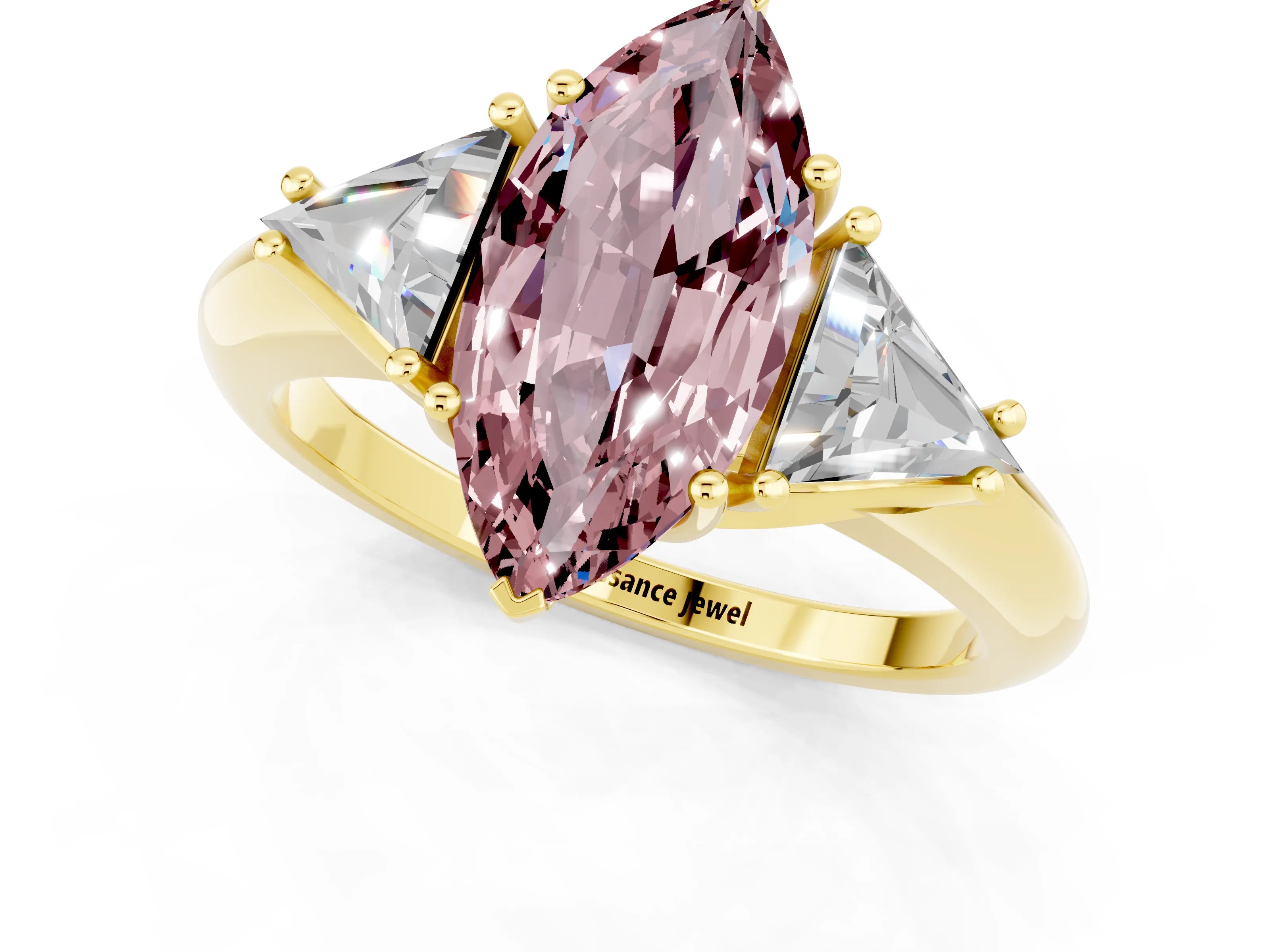 Yellow gold Three-Stone Marquise Cut Cut Diamond Ring with Trillion Side Stones and Four-Prong Setting_1