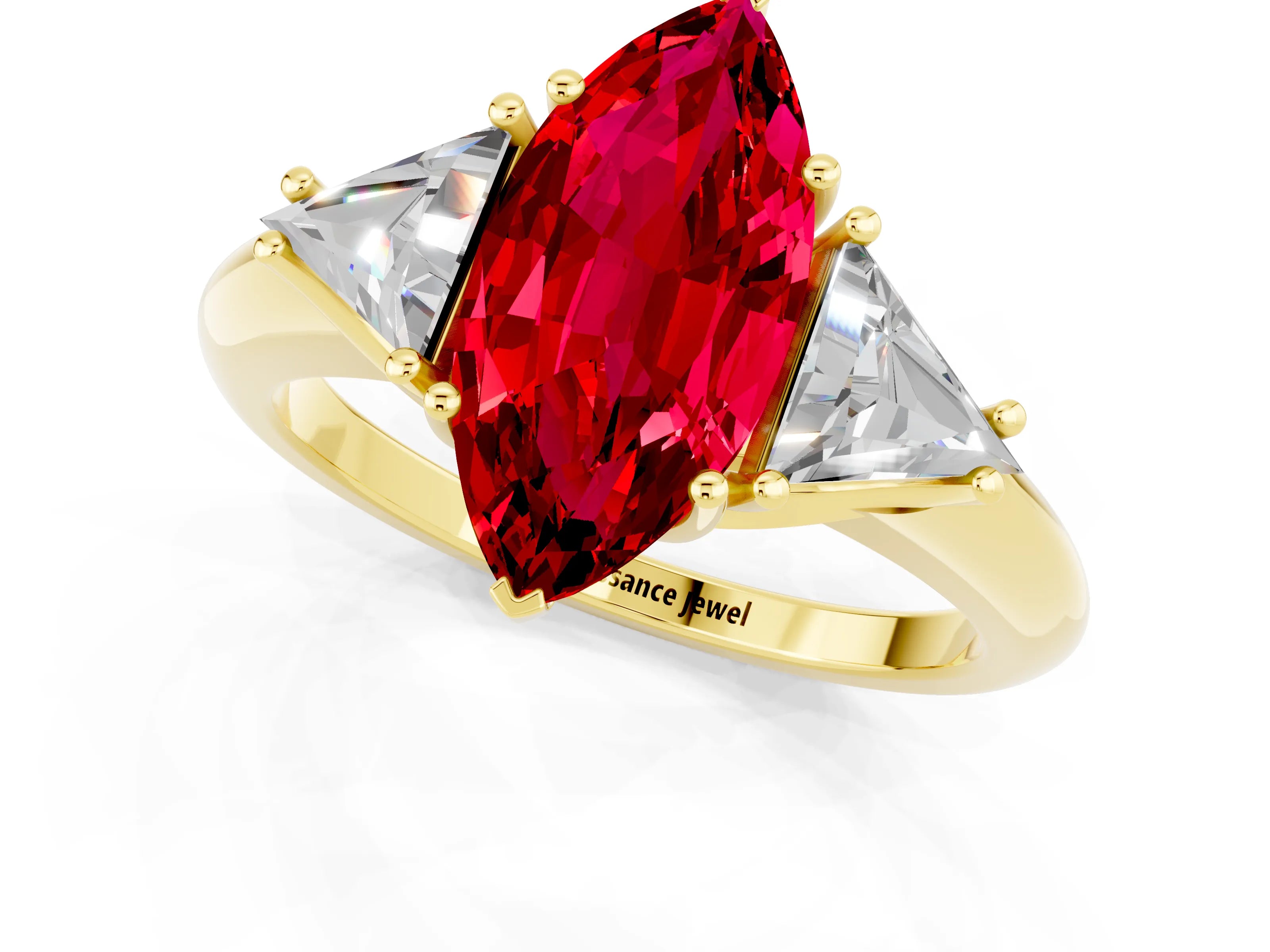 Yellow gold Three-Stone Marquise Cut Cut Diamond Ring with Trillion Side Stones and Four-Prong Setting_1