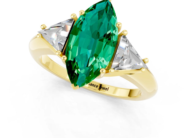 Yellow gold Three-Stone Marquise Cut Emerald Engagement Ring with Trillion Side Stones and Prong Setting