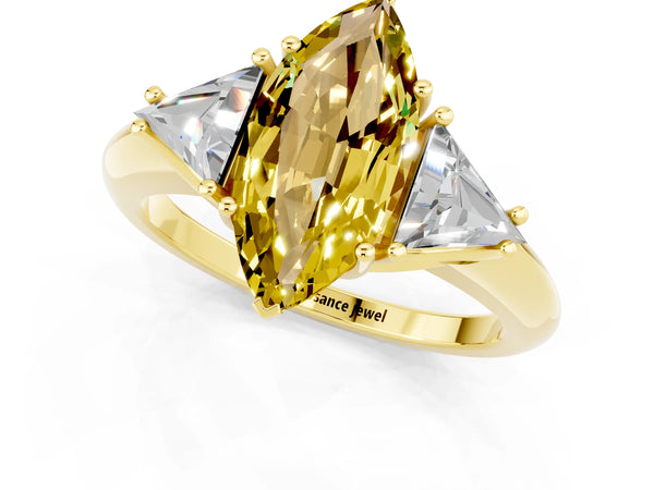 Yellow gold Three-Stone Marquise Cut Yellow Sapphire Engagement Ring with Trillion Side Stones and Prong Setting