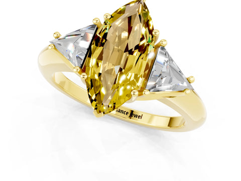 Yellow gold Three-Stone Marquise Cut Cut Diamond Ring with Trillion Side Stones and Four-Prong Setting_1