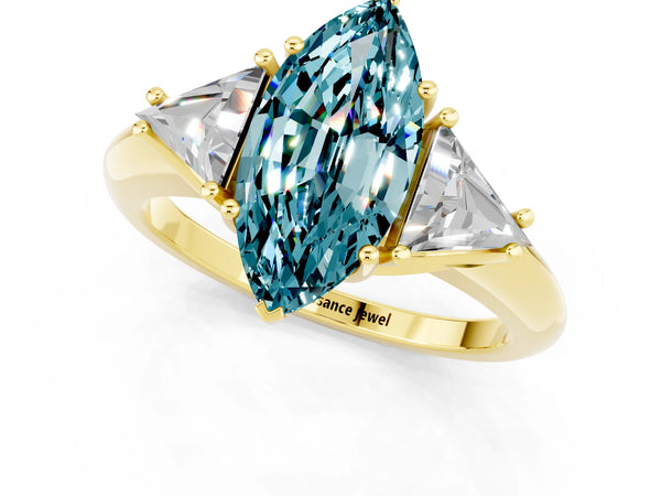 Yellow gold Three-Stone Marquise Cut Cut Diamond Ring with Trillion Side Stones and Four-Prong Setting