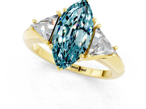 Yellow gold Three-Stone Marquise Cut Cut Diamond Ring with Trillion Side Stones and Four-Prong Setting_1