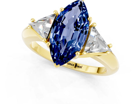Yellow gold Three-Stone Marquise Cut Cut Diamond Ring with Trillion Side Stones and Four-Prong Setting_1