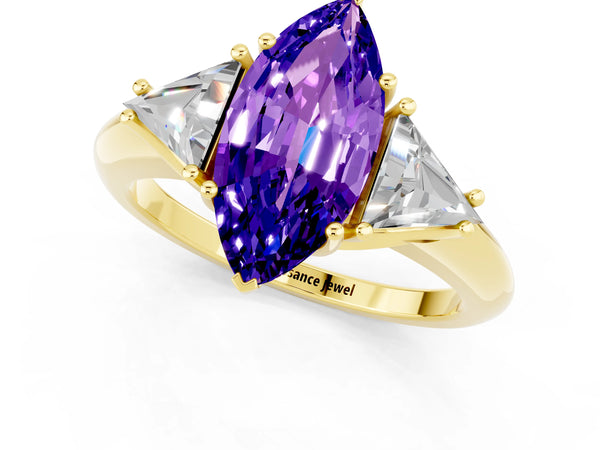 Yellow gold Three-Stone Marquise Cut Tanzanite Engagement Ring with Trillion Side Stones and Prong Setting
