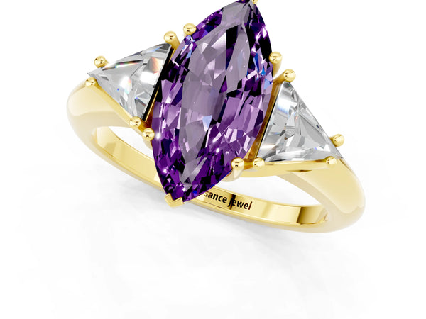 Yellow gold Three-Stone Marquise Cut Amethyst Engagement Ring with Trillion Side Stones and Prong Setting