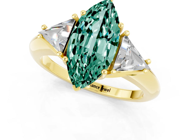 Yellow gold Three-Stone Marquise Cut Cut Diamond Ring with Trillion Side Stones and Four-Prong Setting