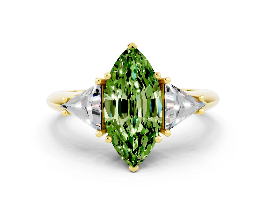 Yellow gold Three-Stone Marquise Cut Cut Diamond Ring with Trillion Side Stones and Four-Prong Setting