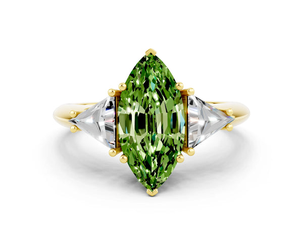 Yellow gold Three-Stone Marquise Cut Cut Diamond Ring with Trillion Side Stones and Four-Prong Setting