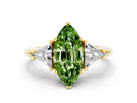 Yellow gold Three-Stone Marquise Cut Cut Diamond Ring with Trillion Side Stones and Four-Prong Setting