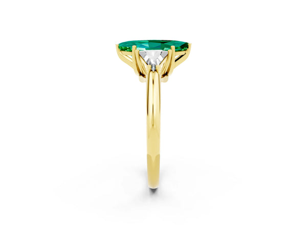 Yellow gold Three-Stone Marquise Cut Emerald Engagement Ring with Trillion Side Stones and Prong Setting