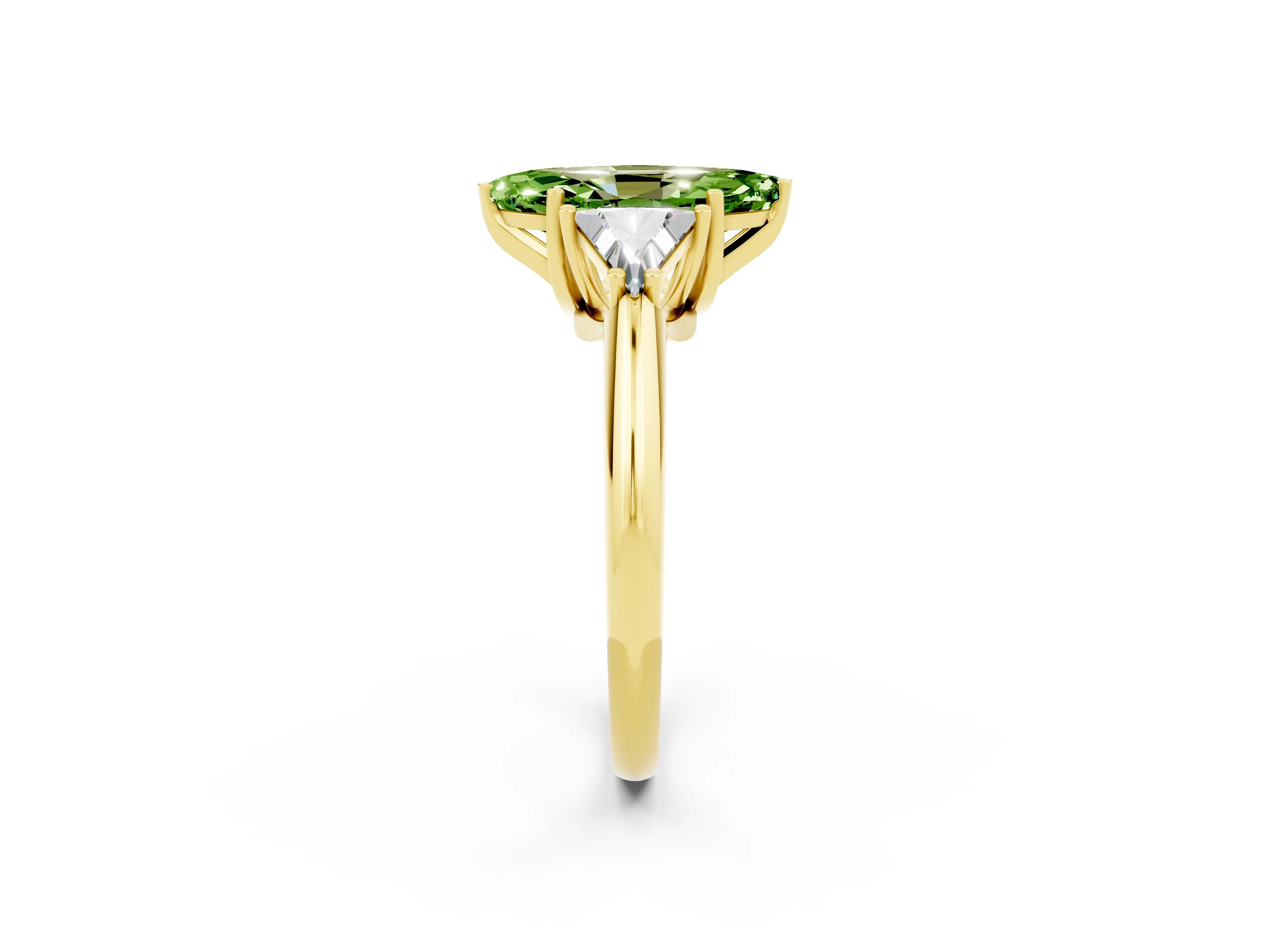 Yellow gold Three-Stone Marquise Cut Cut Diamond Ring with Trillion Side Stones and Four-Prong Setting_2