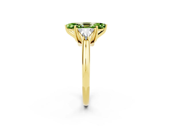 Yellow gold Three-Stone Marquise Cut Cut Diamond Ring with Trillion Side Stones and Four-Prong Setting
