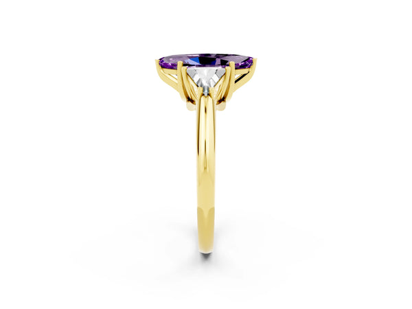 Yellow gold Three-Stone Marquise Cut Amethyst Engagement Ring with Trillion Side Stones and Prong Setting