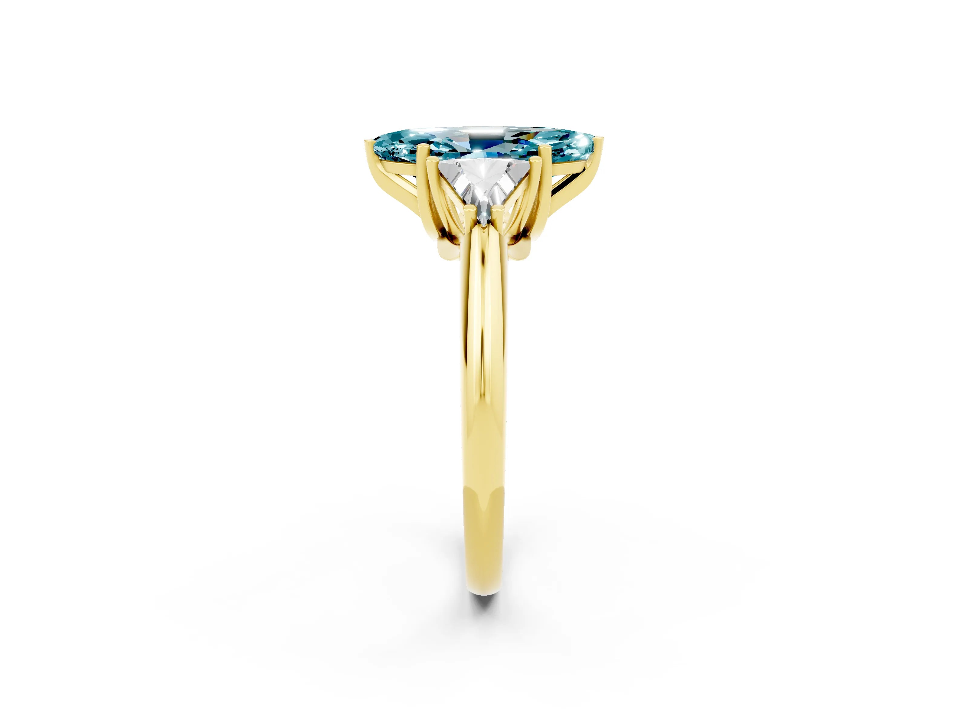 Yellow gold Three-Stone Marquise Cut Cut Diamond Ring with Trillion Side Stones and Four-Prong Setting_2