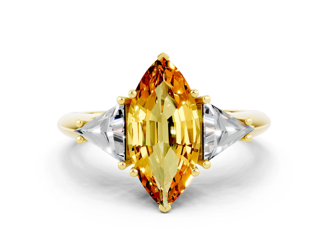 Yellow gold Three-Stone Marquise Cut Cut Diamond Ring with Trillion Side Stones and Four-Prong Setting
