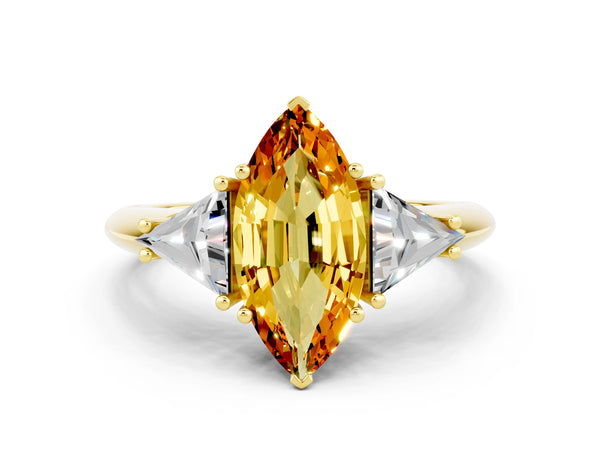 Yellow gold Three-Stone Marquise Cut Citrine Engagement Ring with Trillion Side Stones and Prong Setting