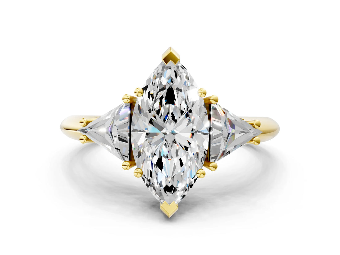Yellow gold Three-Stone Marquise Cut Cut Diamond Ring with Trillion Side Stones and Four-Prong Setting_3