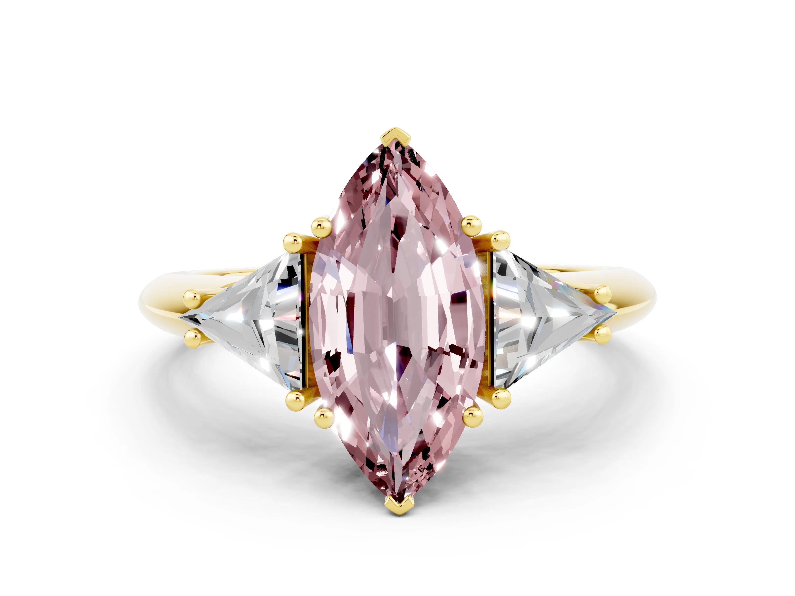 Yellow gold Three-Stone Marquise Cut Cut Diamond Ring with Trillion Side Stones and Four-Prong Setting