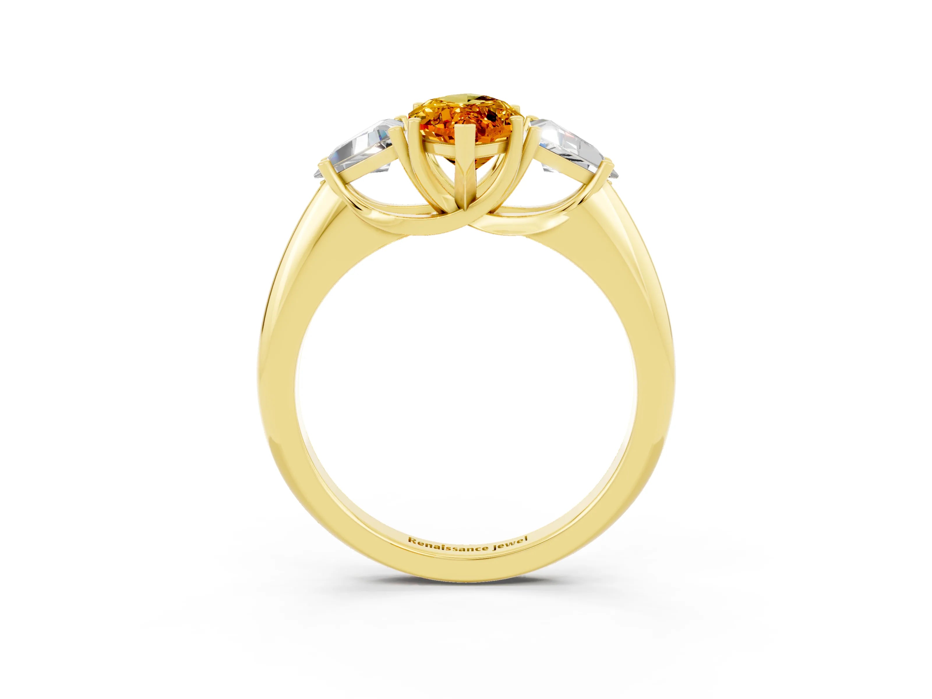 Yellow gold Three-Stone Marquise Cut Cut Diamond Ring with Trillion Side Stones and Four-Prong Setting_3