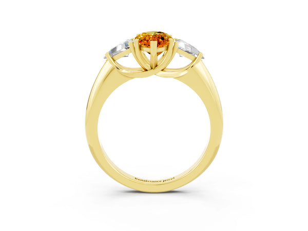 Yellow gold Three-Stone Marquise Cut Citrine Engagement Ring with Trillion Side Stones and Prong Setting