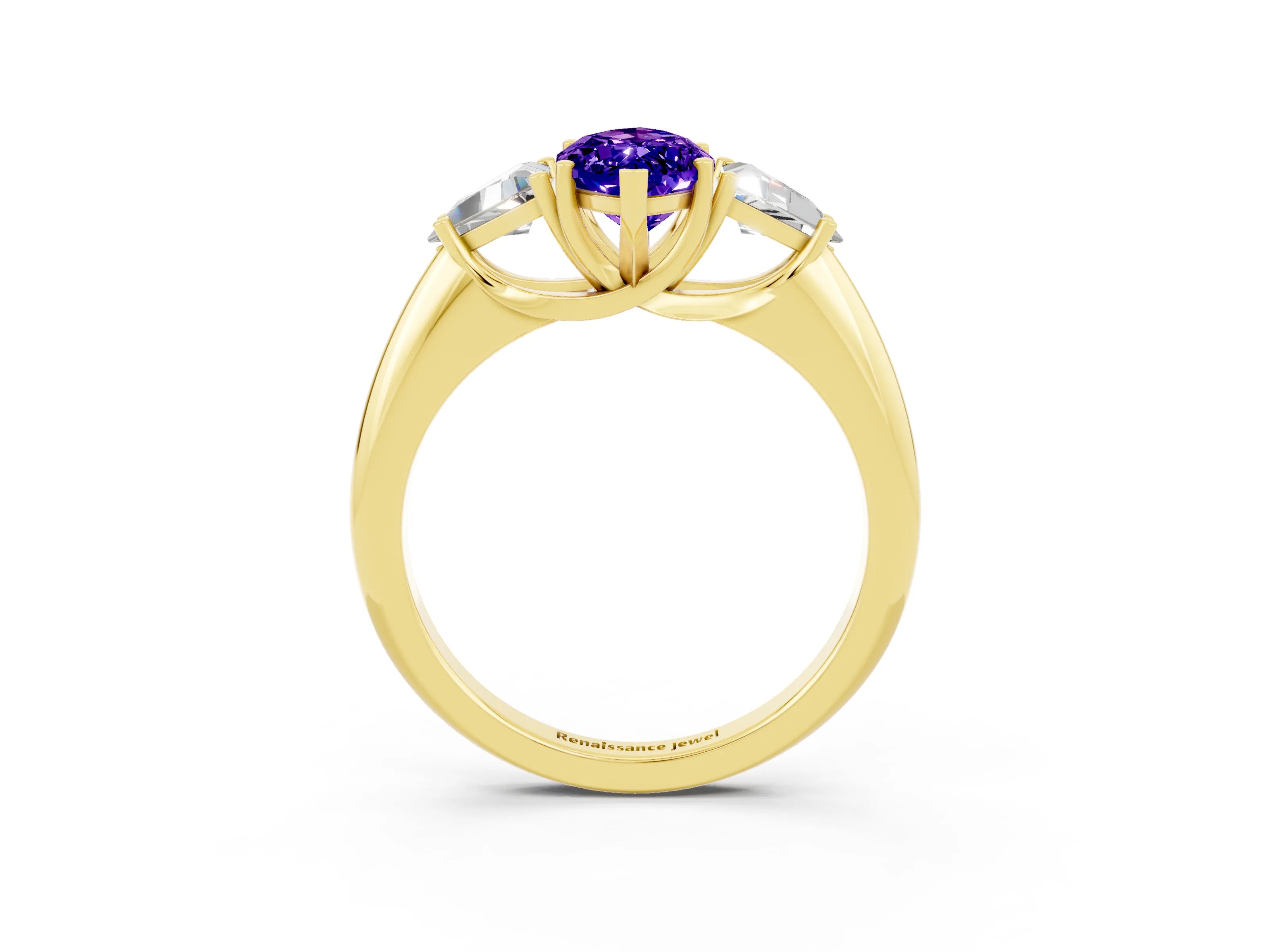 Yellow gold Three-Stone Marquise Cut Cut Diamond Ring with Trillion Side Stones and Four-Prong Setting_3