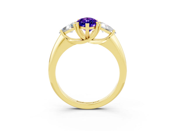 Yellow gold Three-Stone Marquise Cut Tanzanite Engagement Ring with Trillion Side Stones and Prong Setting