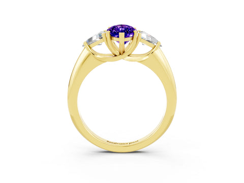 Yellow gold Three-Stone Marquise Cut Cut Diamond Ring with Trillion Side Stones and Four-Prong Setting_3
