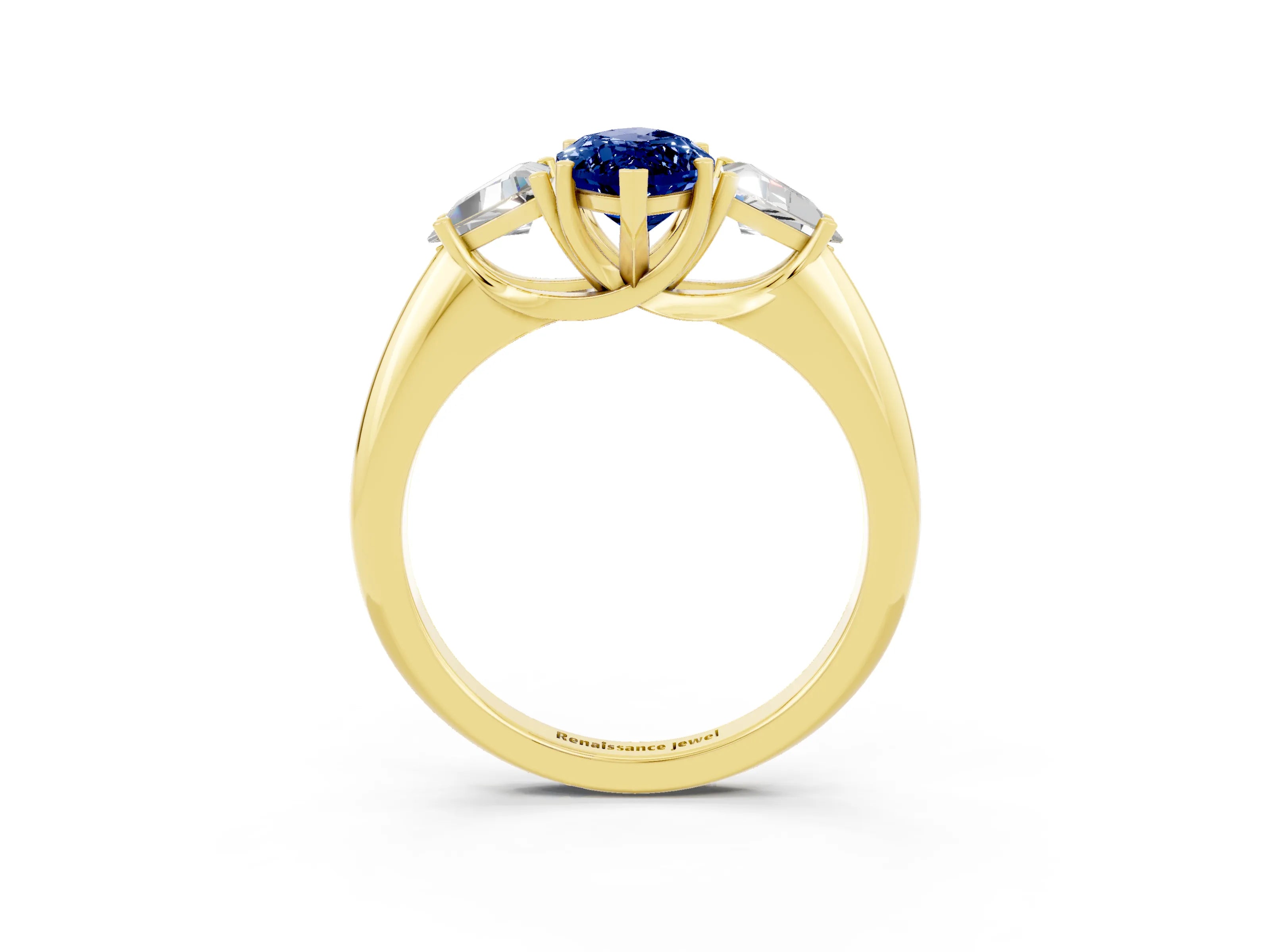 Yellow gold Three-Stone Marquise Cut Cut Diamond Ring with Trillion Side Stones and Four-Prong Setting_3