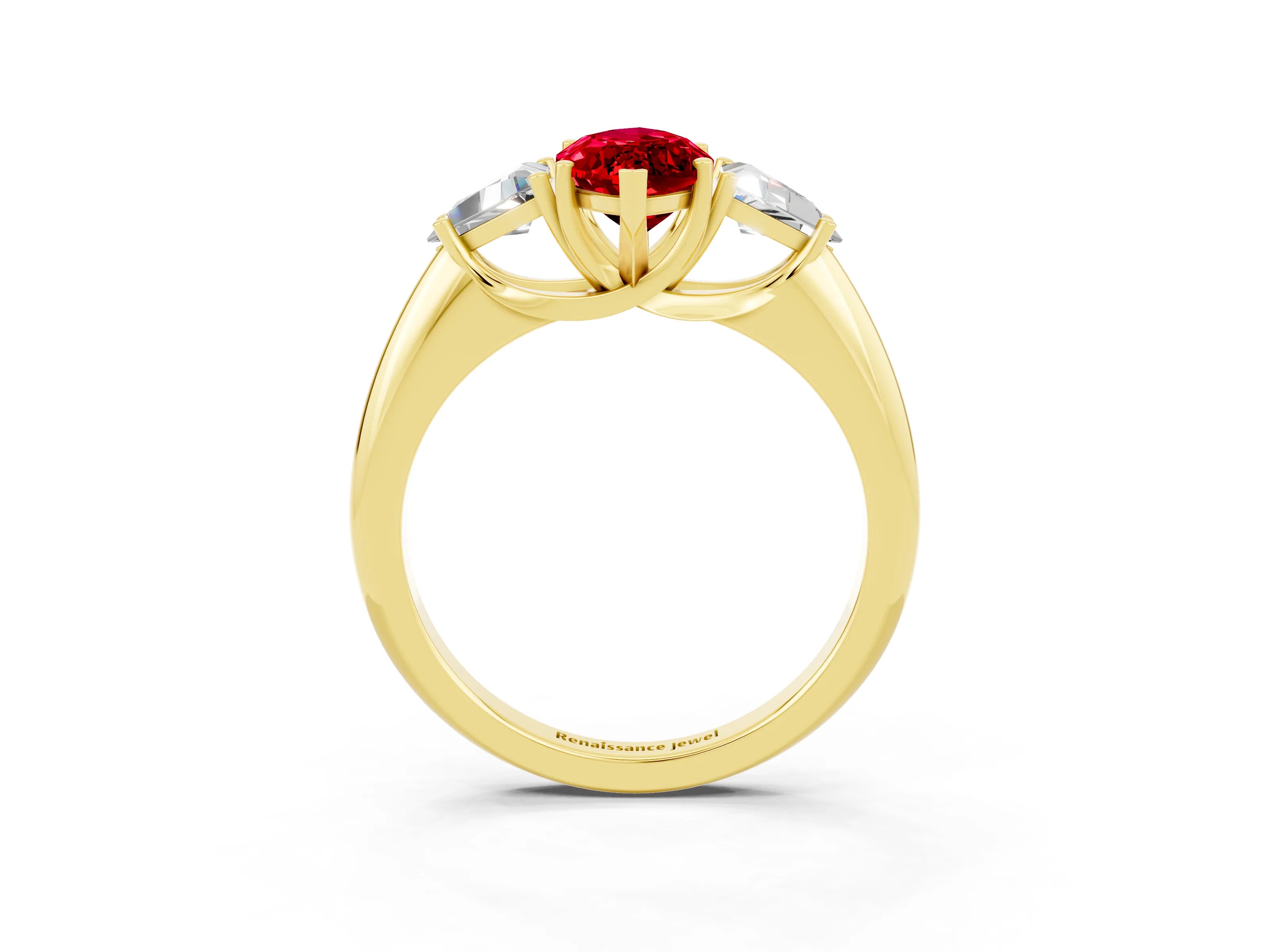 Yellow gold Three-Stone Marquise Cut Cut Diamond Ring with Trillion Side Stones and Four-Prong Setting_3