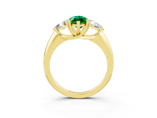 Yellow gold Three-Stone Marquise Cut Emerald Engagement Ring with Trillion Side Stones and Prong Setting