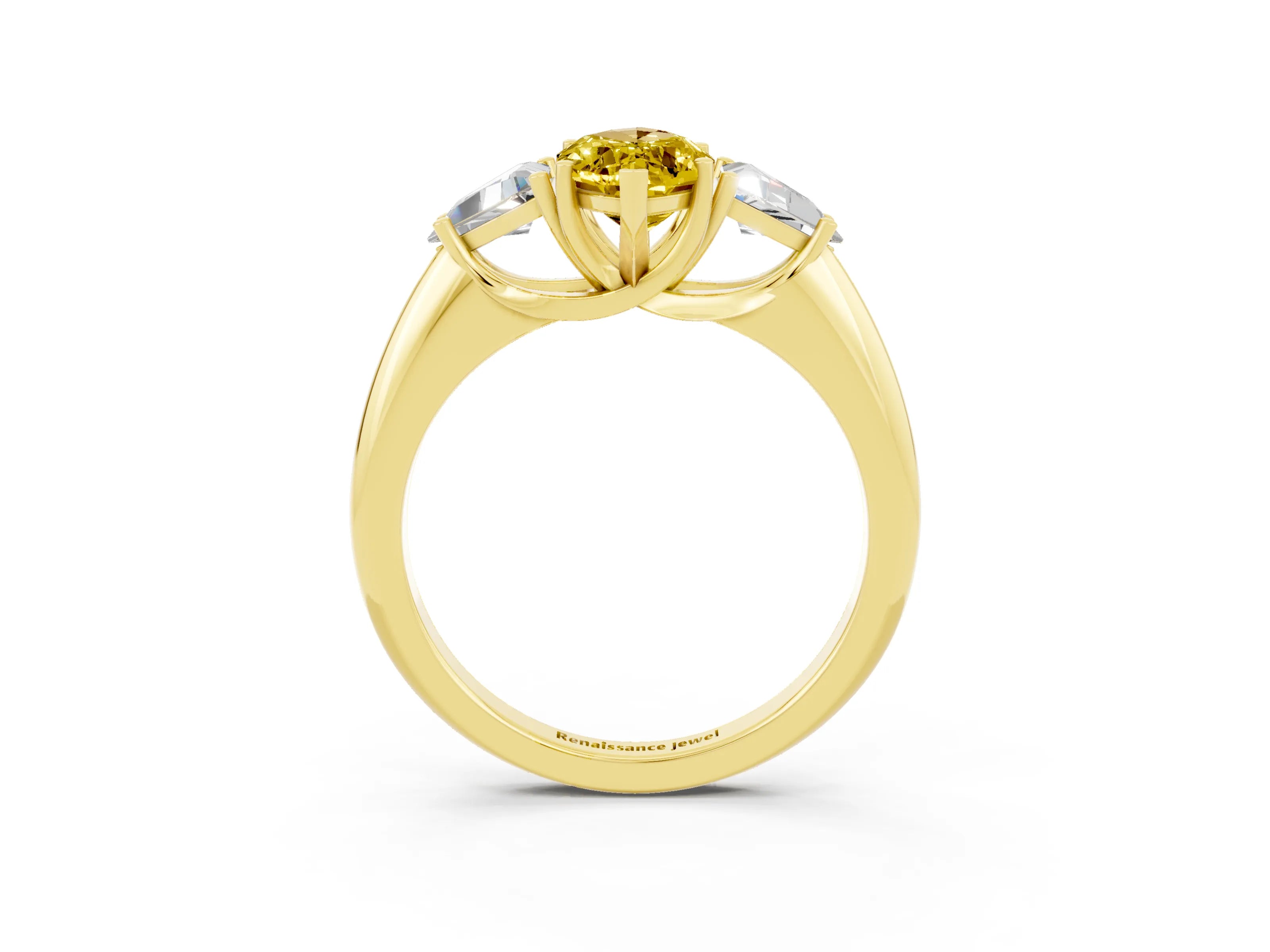 Yellow gold Three-Stone Marquise Cut Cut Diamond Ring with Trillion Side Stones and Four-Prong Setting_3
