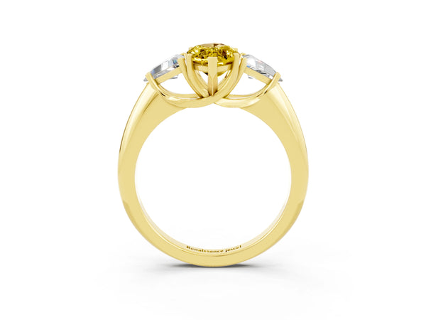 Yellow gold Three-Stone Marquise Cut Yellow Sapphire Engagement Ring with Trillion Side Stones and Prong Setting