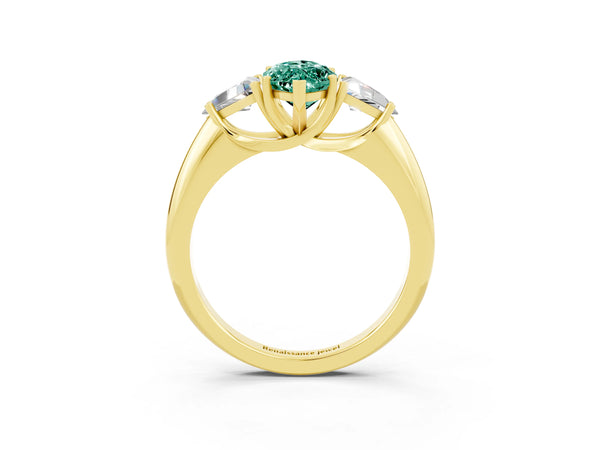 Yellow gold Three-Stone Marquise Cut Cut Diamond Ring with Trillion Side Stones and Four-Prong Setting