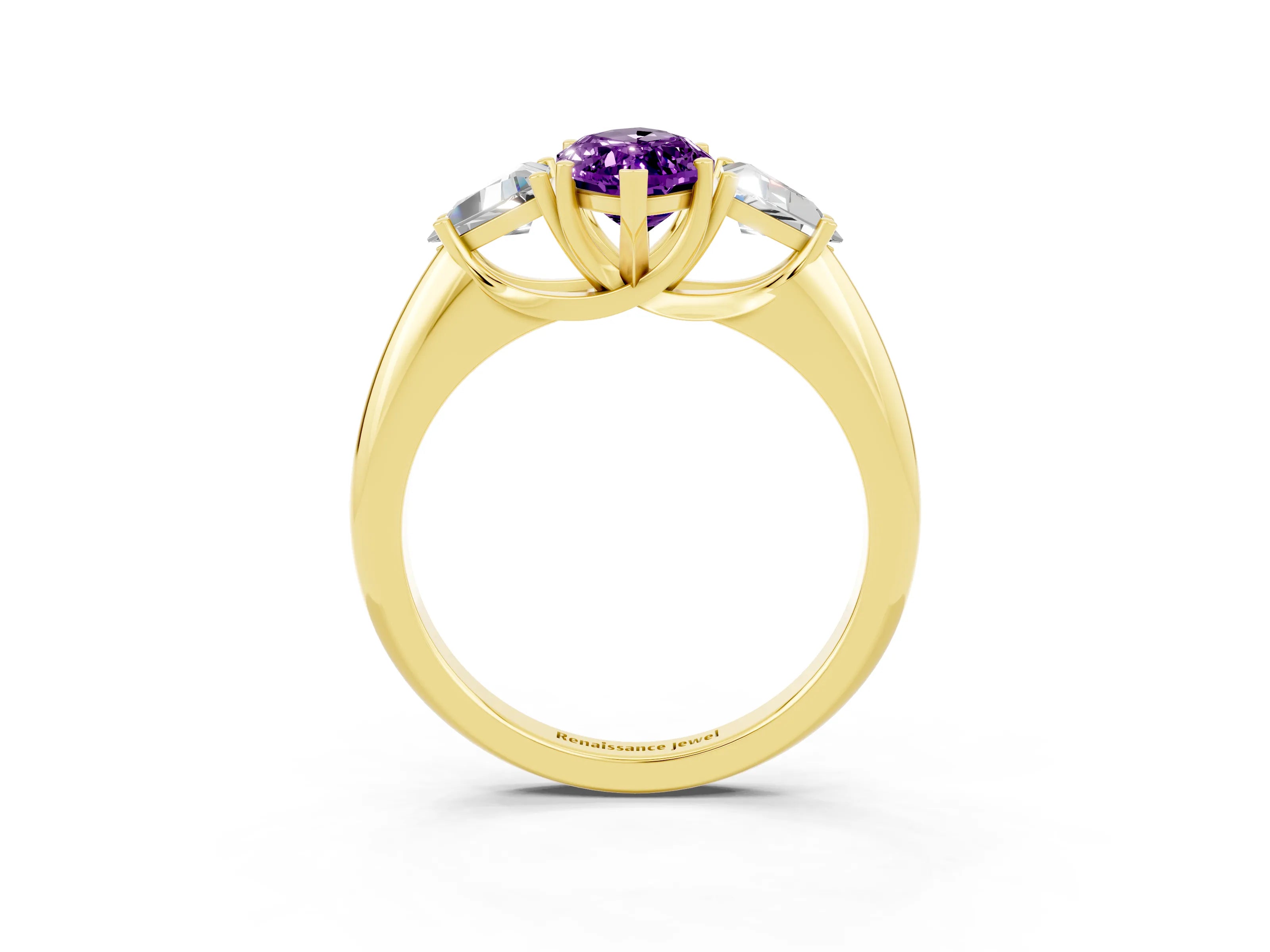 Yellow gold Three-Stone Marquise Cut Cut Diamond Ring with Trillion Side Stones and Four-Prong Setting_3