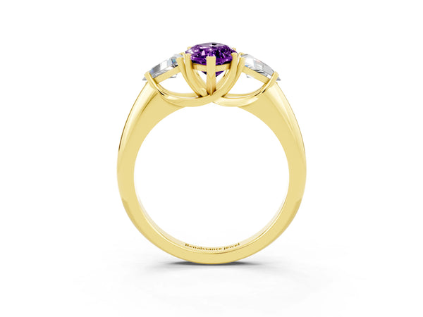 Yellow gold Three-Stone Marquise Cut Amethyst Engagement Ring with Trillion Side Stones and Prong Setting