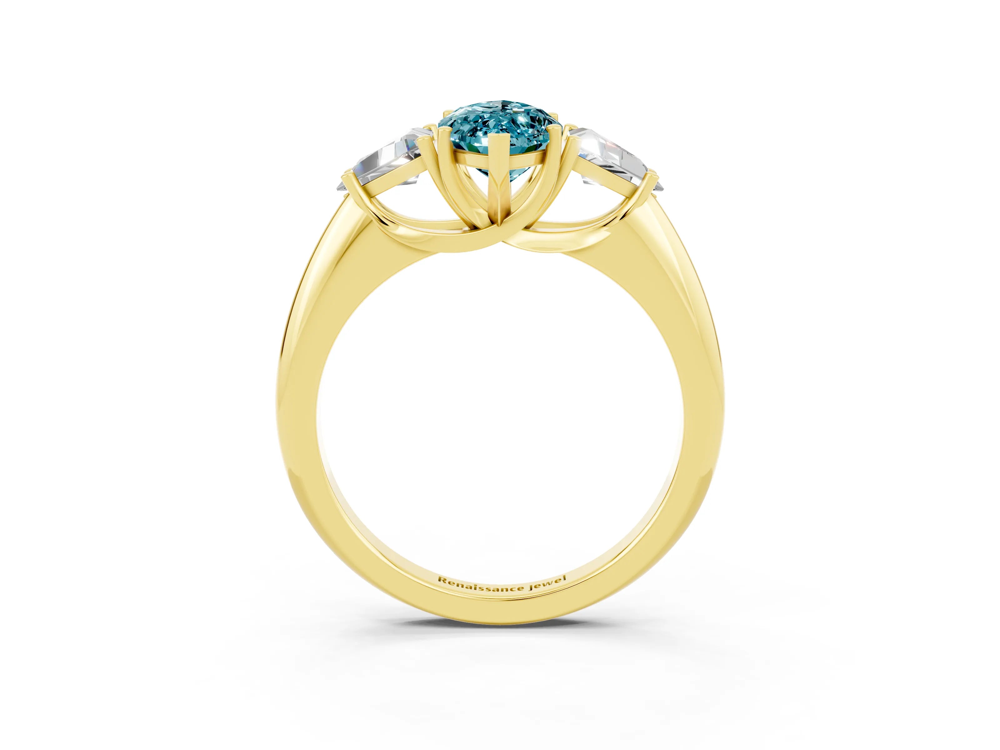 Yellow gold Three-Stone Marquise Cut Cut Diamond Ring with Trillion Side Stones and Four-Prong Setting_3