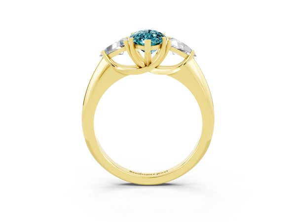 Yellow gold Three-Stone Marquise Cut Cut Diamond Ring with Trillion Side Stones and Four-Prong Setting