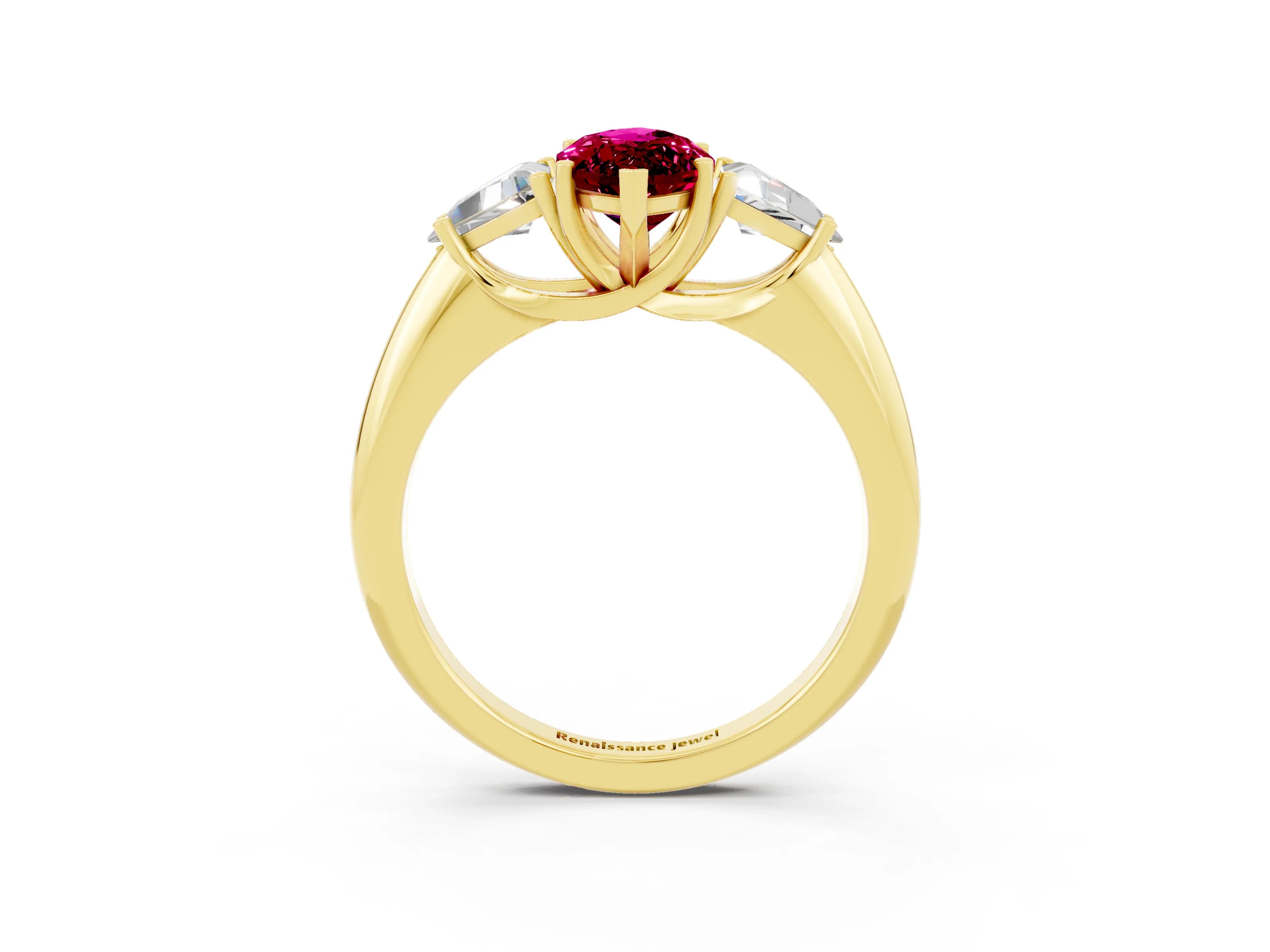 Yellow gold Three-Stone Marquise Cut Cut Diamond Ring with Trillion Side Stones and Four-Prong Setting_3