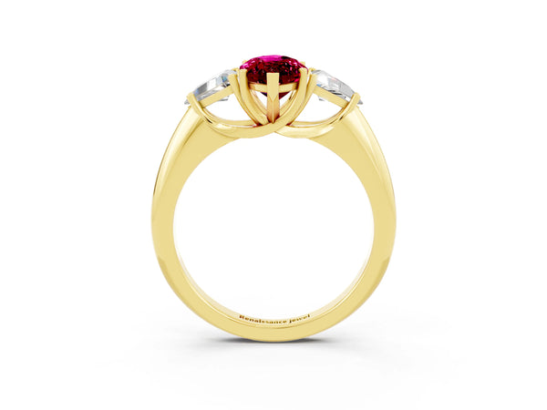 Yellow gold Three-Stone Marquise Cut Garnet Engagement Ring with Trillion Side Stones and Prong Setting