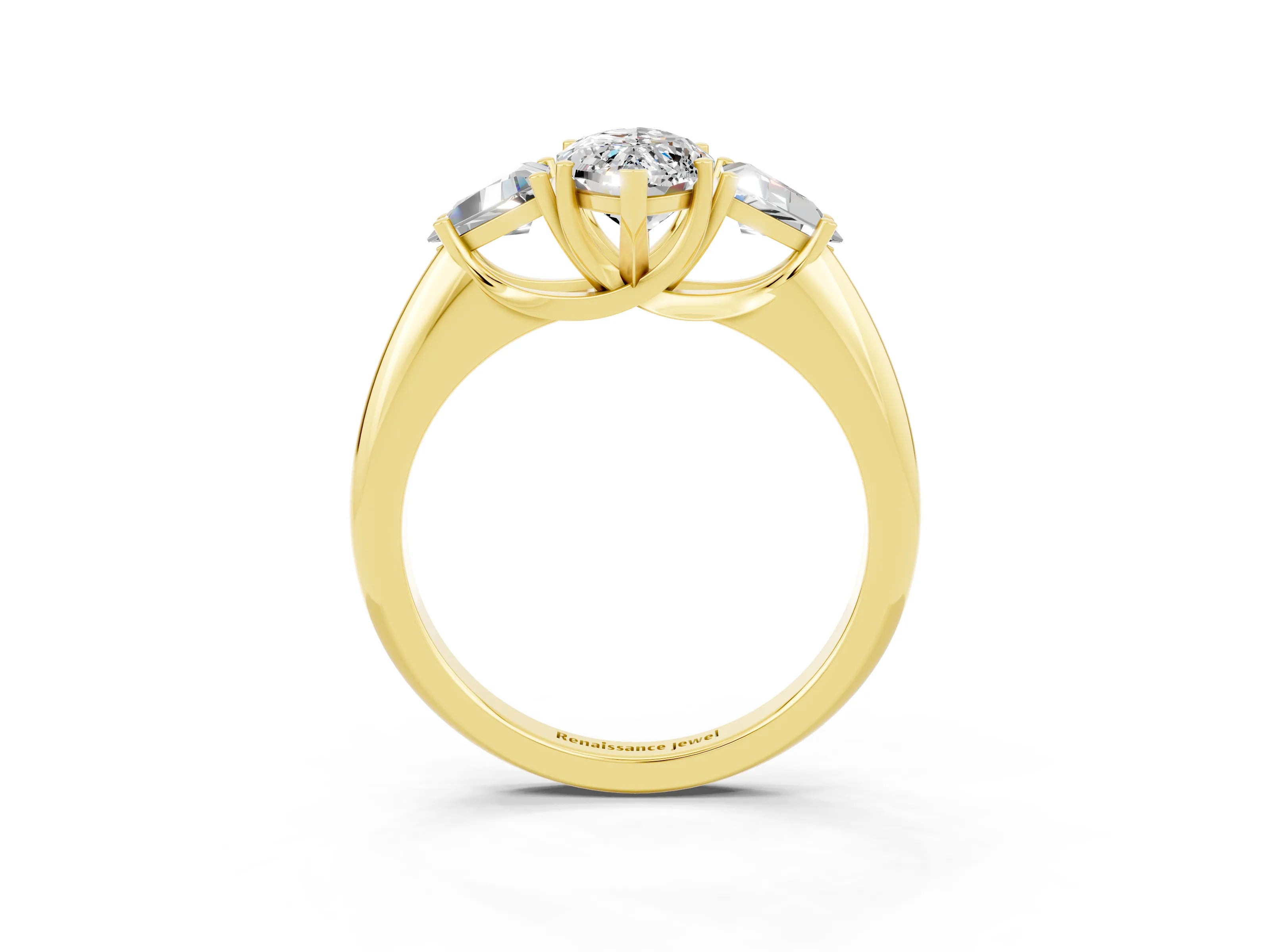 Yellow gold Three-Stone Marquise Cut Cut Diamond Ring with Trillion Side Stones and Four-Prong Setting_3
