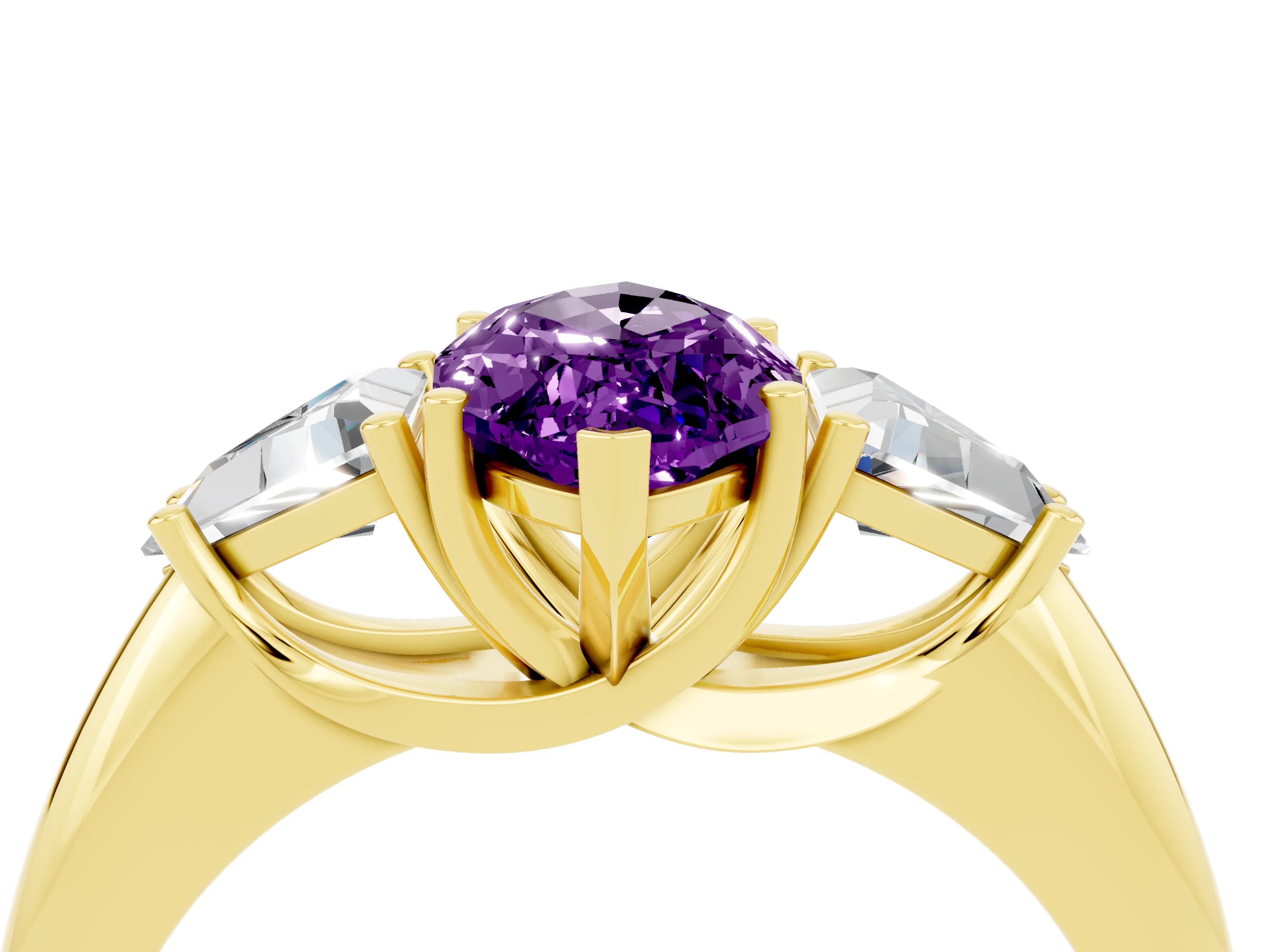 Yellow gold Three-Stone Marquise Cut Cut Diamond Ring with Trillion Side Stones and Four-Prong Setting_4